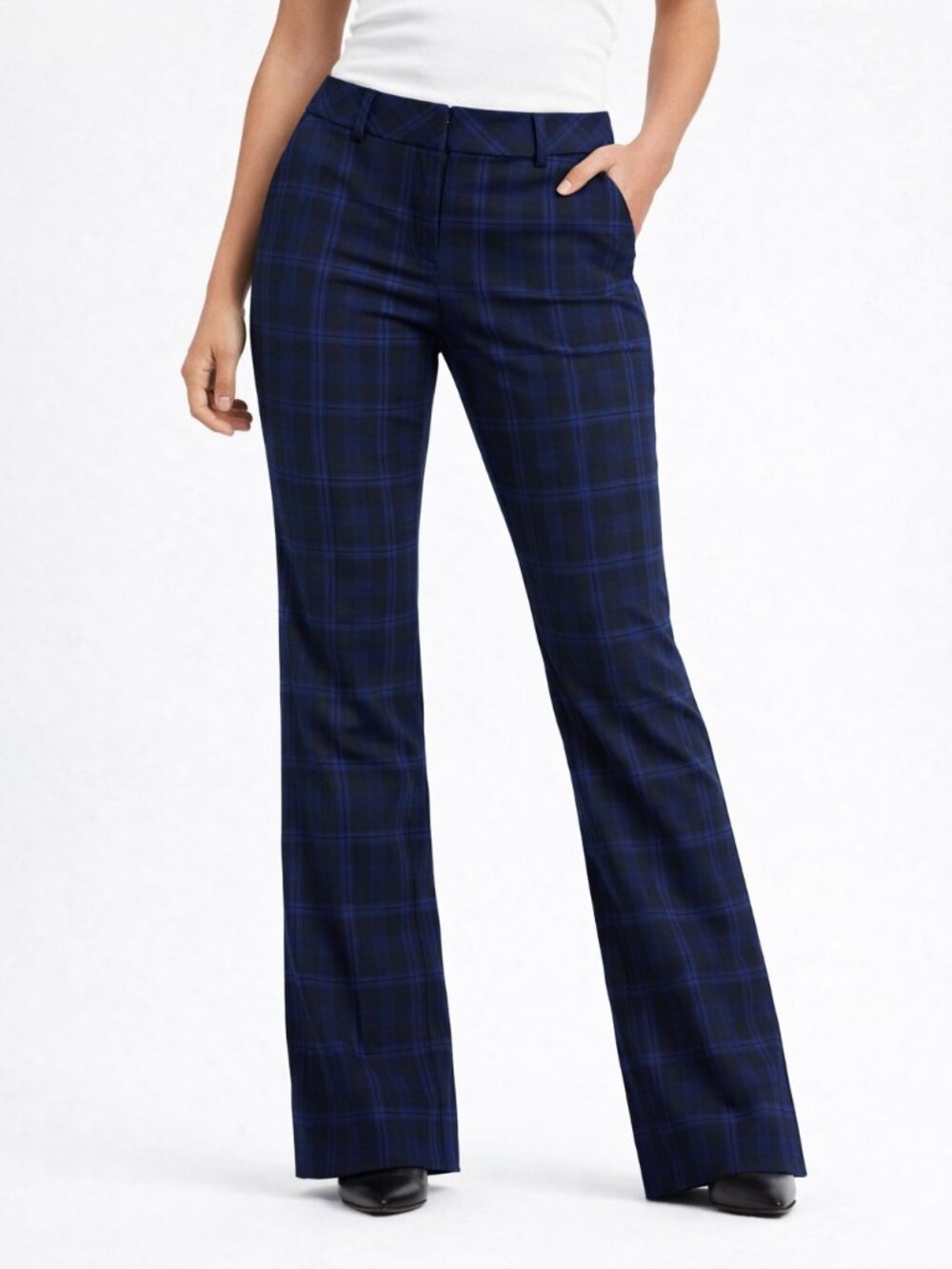 Express Editor Barely Boot Blue Plaid Low Rise Trouser Pant Size 8 Short NWOT